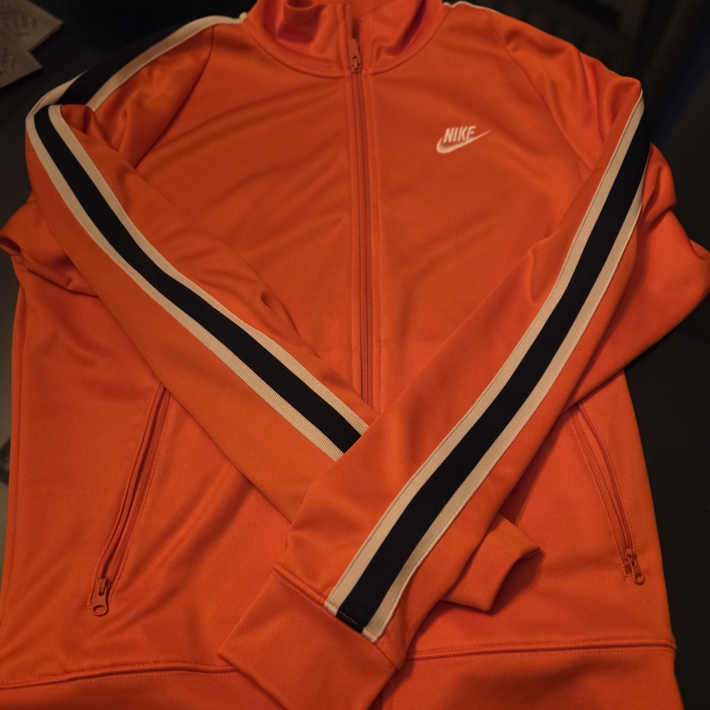 Nike Orange Track Jacket with Striped Sleeves- Better Than New!  MED